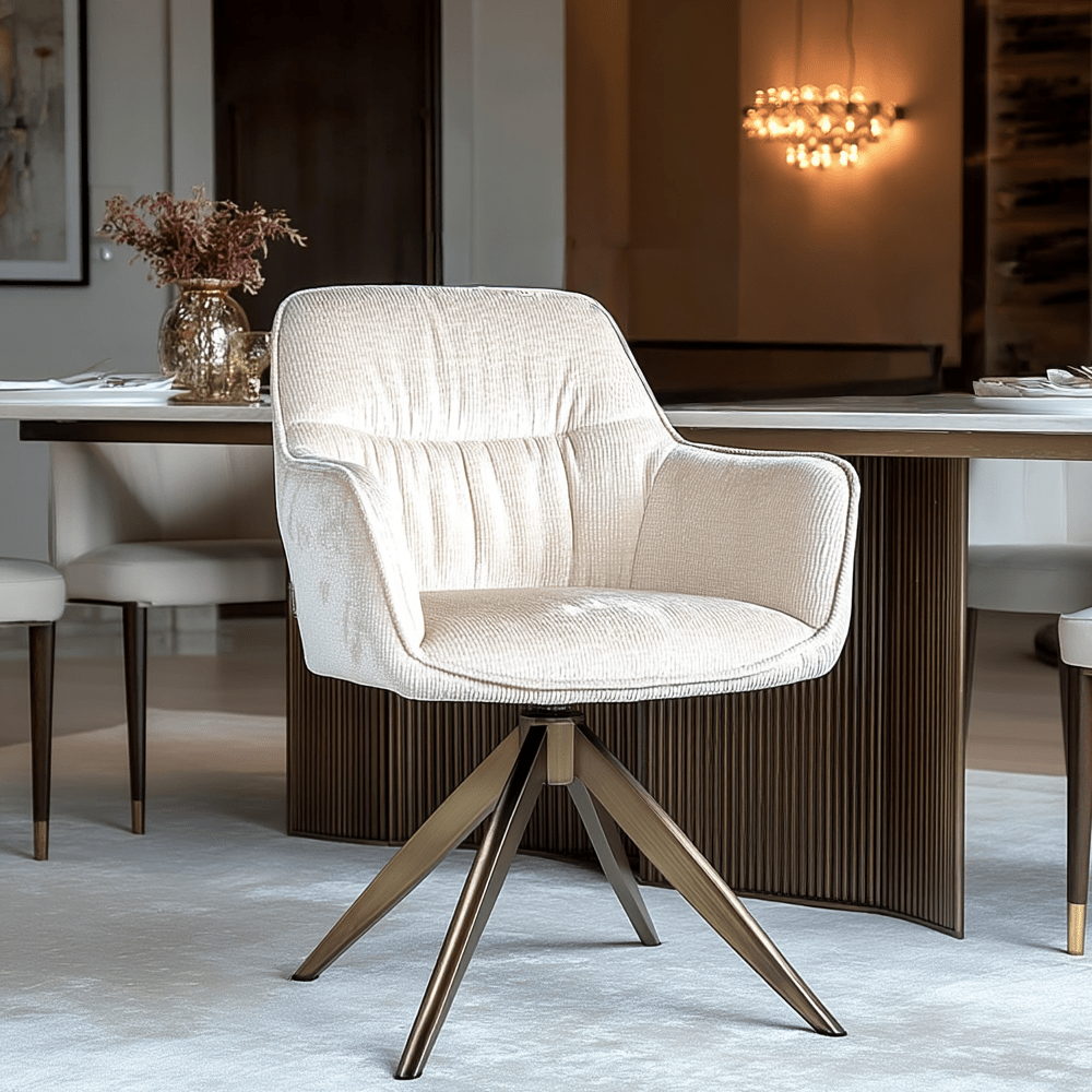 Chaise de salle à manger pivotante en velours des neiges avec base en laiton
