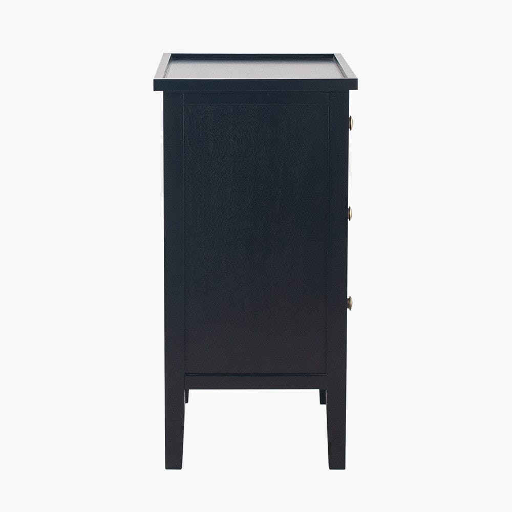 Table de chevet noire à 3 tiroirs avec poignées dorées