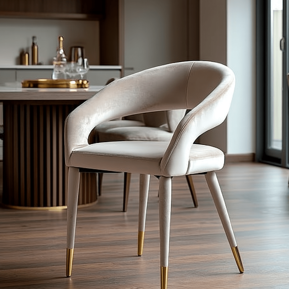 Chaise de salle à manger incurvée en velours taupe avec découpes et pieds dorés