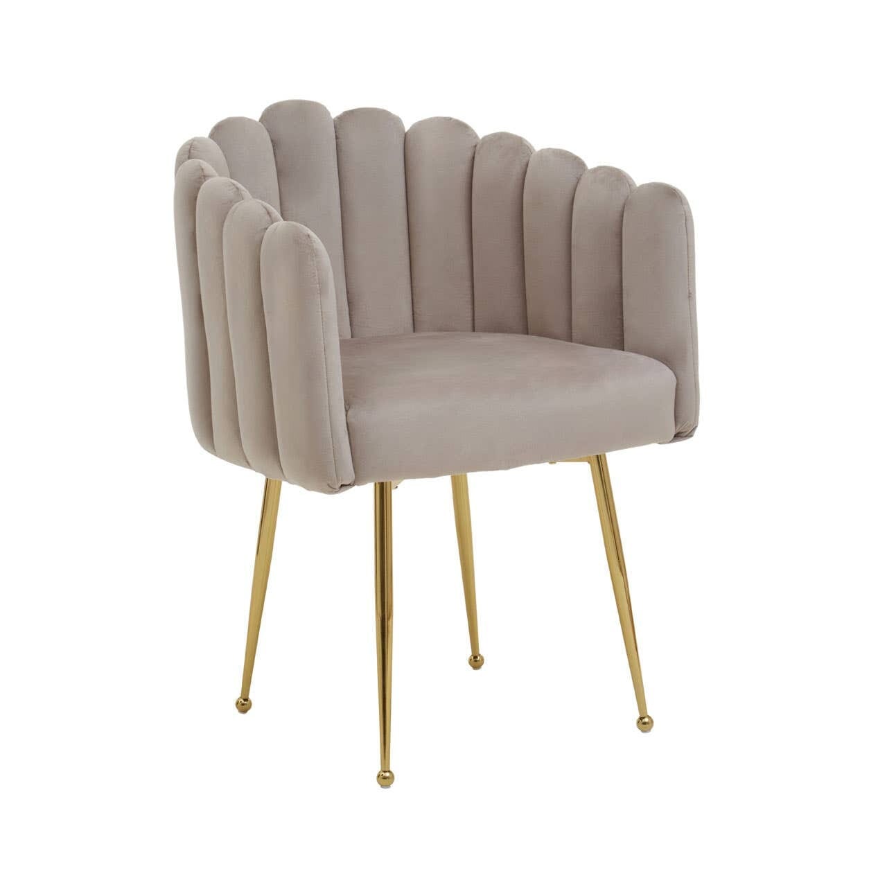 Chaise de salle à manger festonnée en velours beige avec pieds coniques dorés