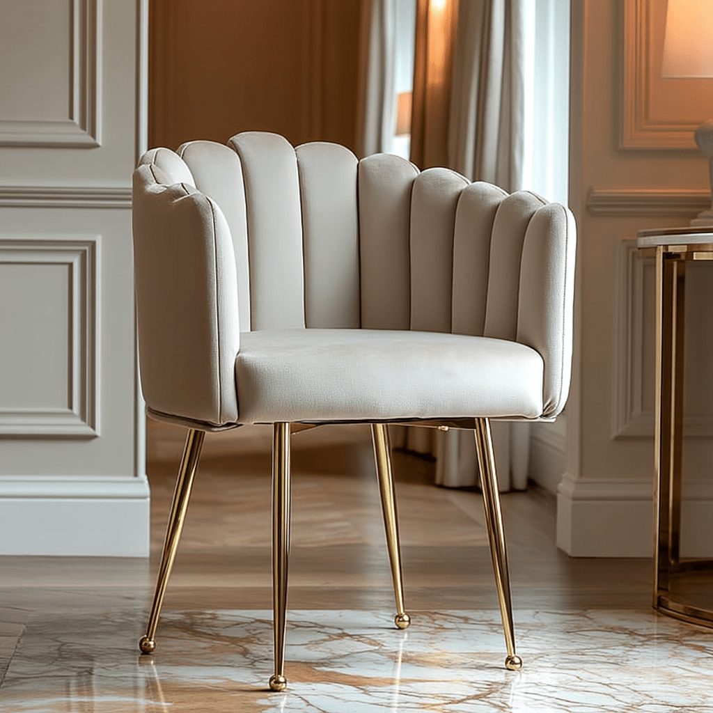 Chaise de salle à manger festonnée en velours beige avec pieds coniques dorés