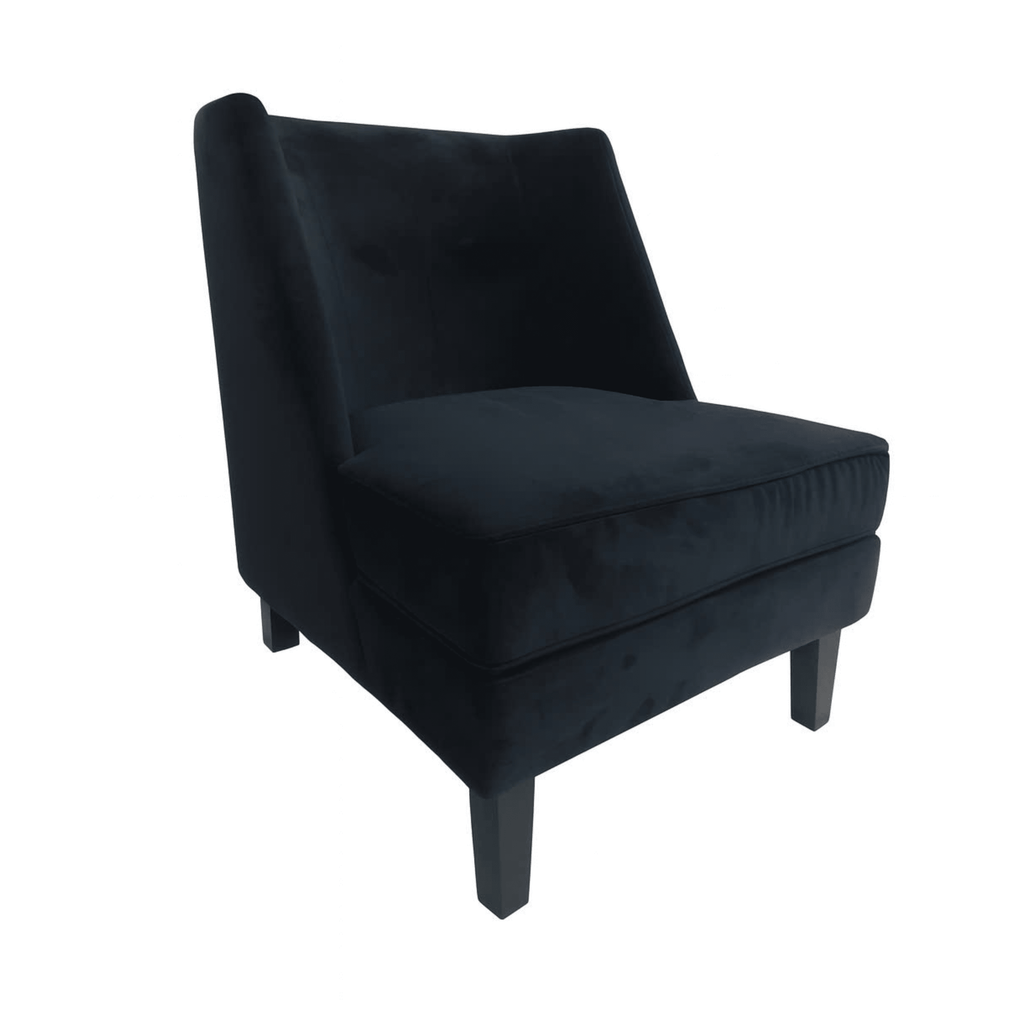 Fauteuil d'appoint en velours noir avec passepoil noir et pieds en bois foncé