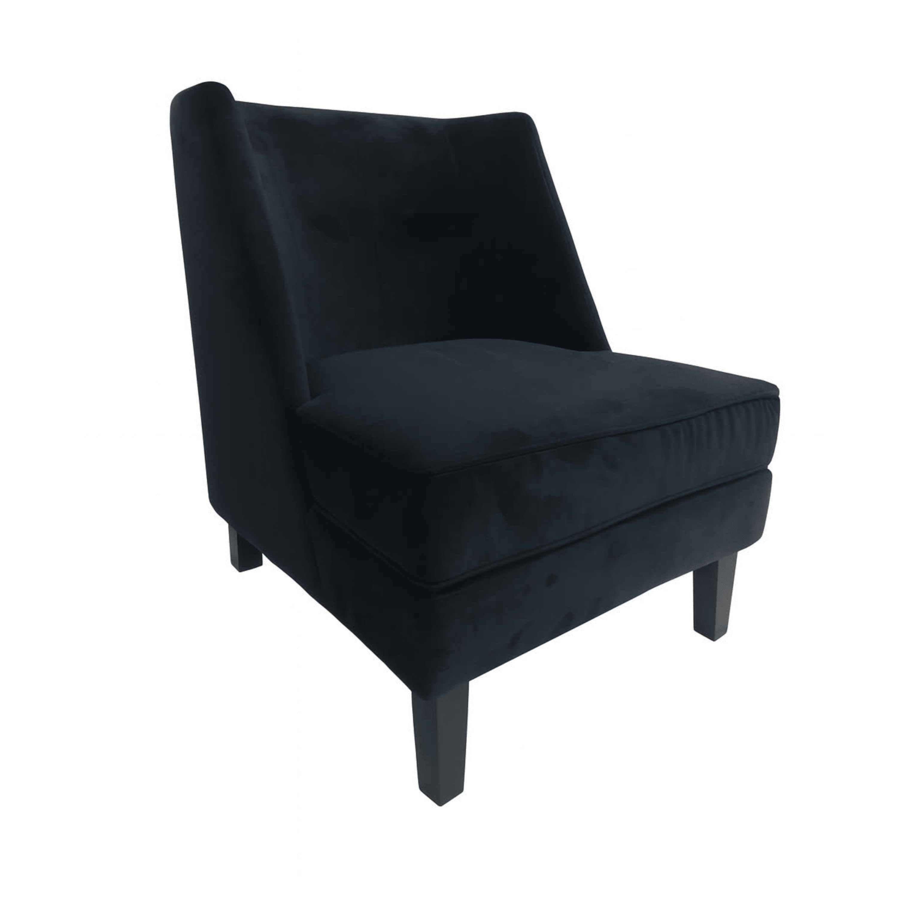 Fauteuil d'appoint en velours noir avec passepoil noir et pieds en bois foncé