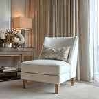 Fauteuil d'appoint en velours crème avec passepoil crème et pieds dorés