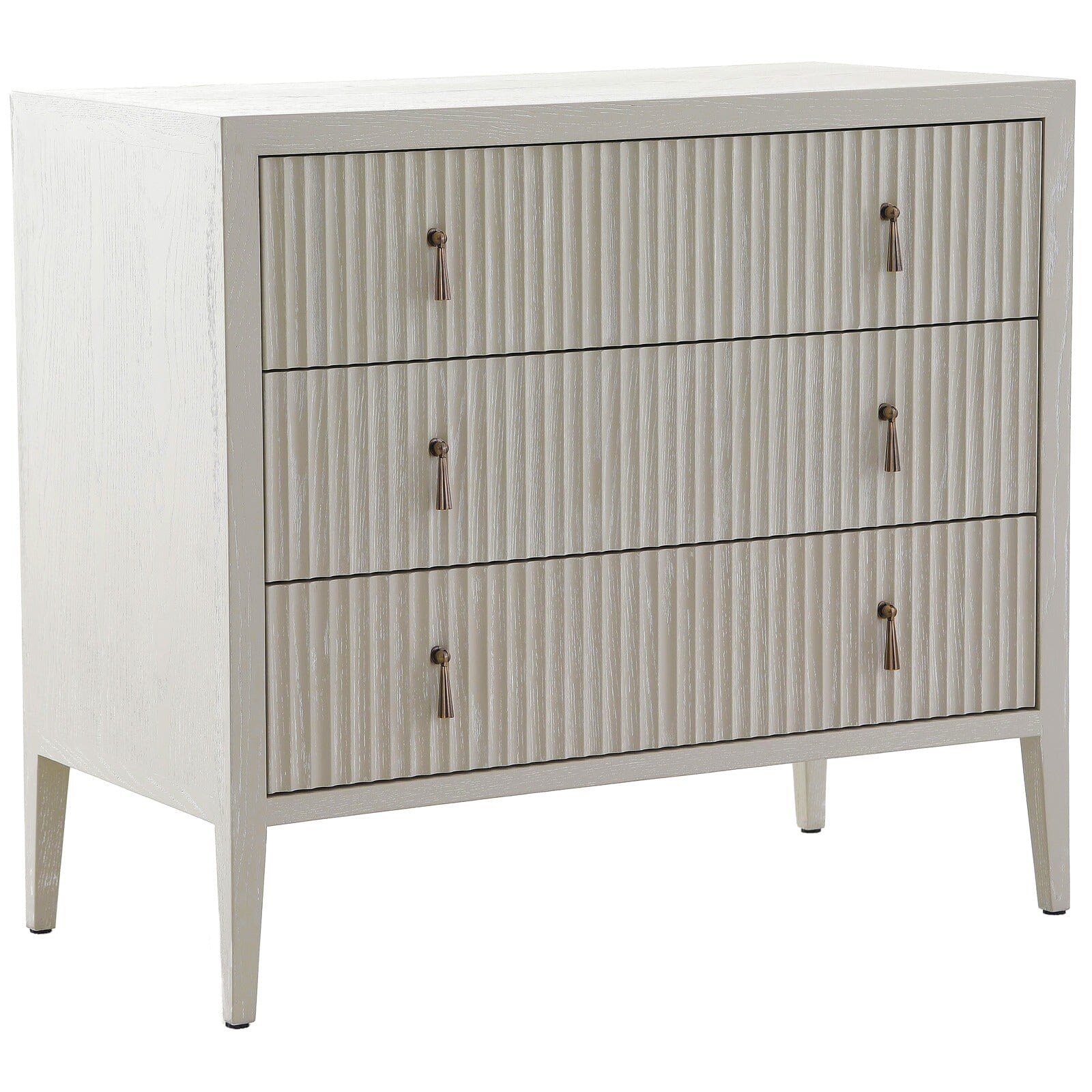 Commode 3 tiroirs en bois nervuré blanchi avec poignées en laiton