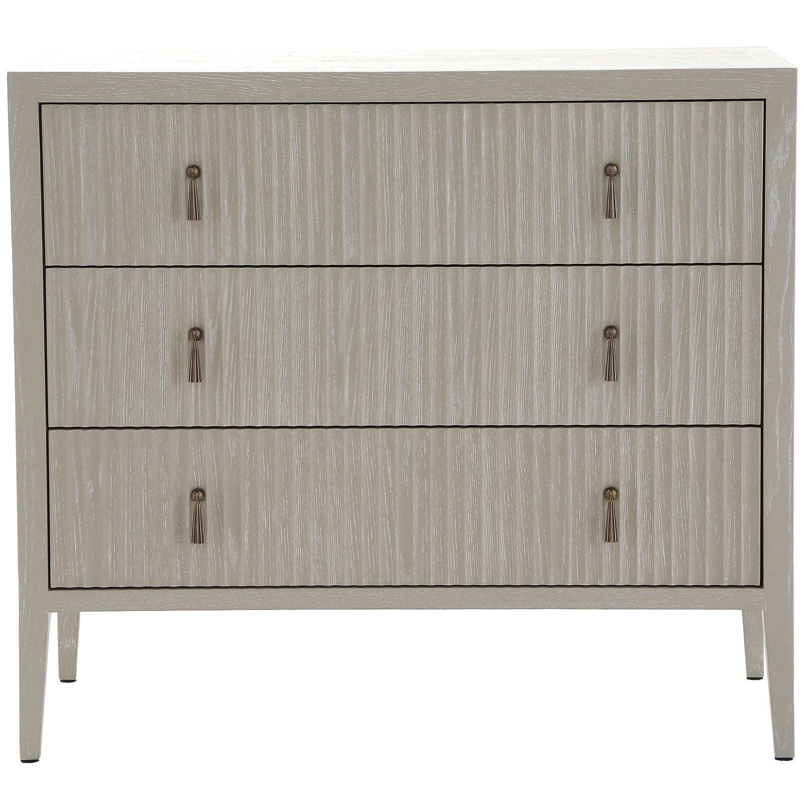 Commode 3 tiroirs en bois nervuré blanchi avec poignées en laiton