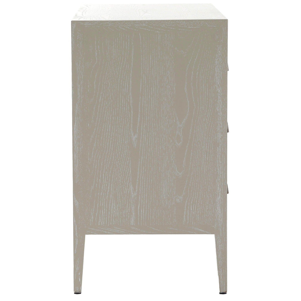 Commode 3 tiroirs en bois nervuré blanchi avec poignées en laiton
