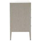 Commode 3 tiroirs en bois nervuré blanchi avec poignées en laiton