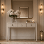 Console / Coiffeuse en bois nervuré blanchi avec poignées en bronze