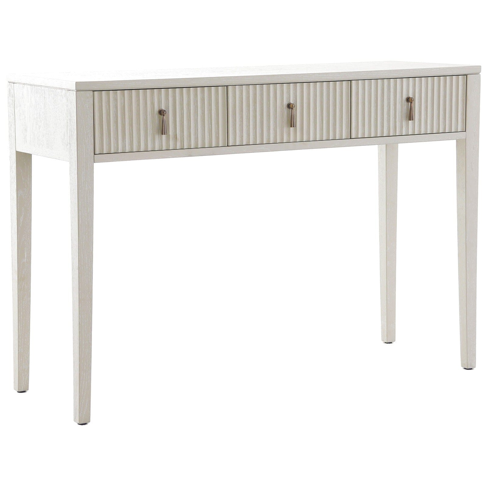 Console / Coiffeuse en bois nervuré blanchi avec poignées en bronze