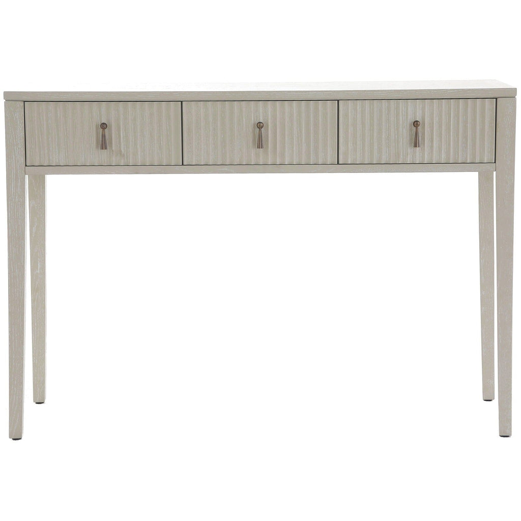 Console / Coiffeuse en bois nervuré blanchi avec poignées en bronze