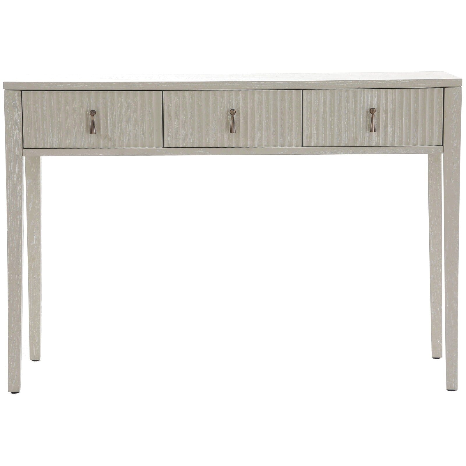 Console / Coiffeuse en bois nervuré blanchi avec poignées en bronze