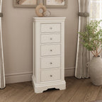 Commode haute à 5 tiroirs en bois blanc avec moulures décoratives