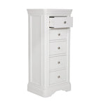 Commode haute à 5 tiroirs en bois blanc avec moulures décoratives