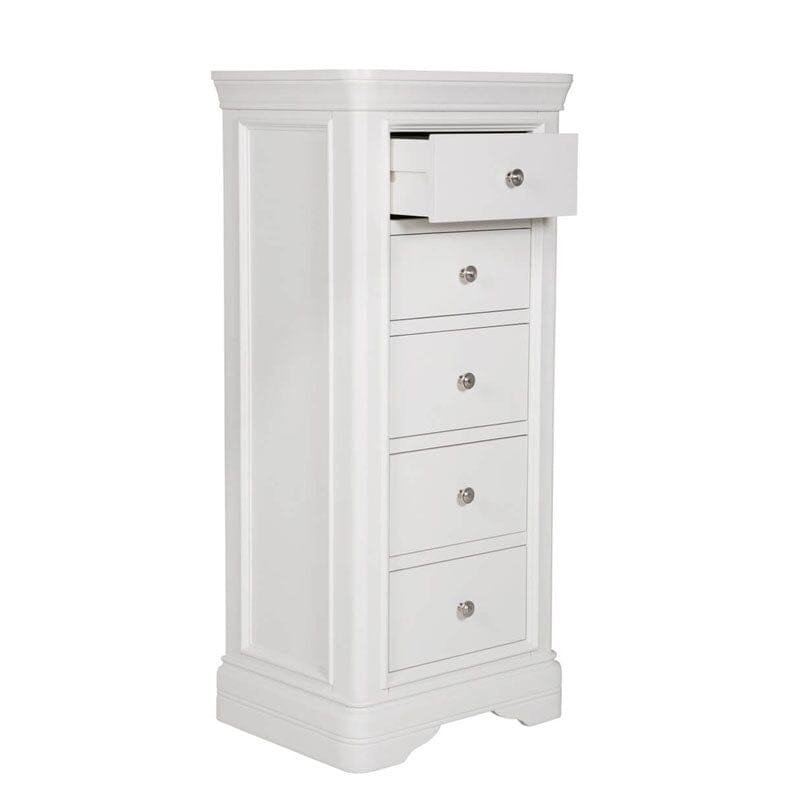 Commode haute à 5 tiroirs en bois blanc avec moulures décoratives