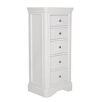 Commode haute à 5 tiroirs en bois blanc avec moulures décoratives