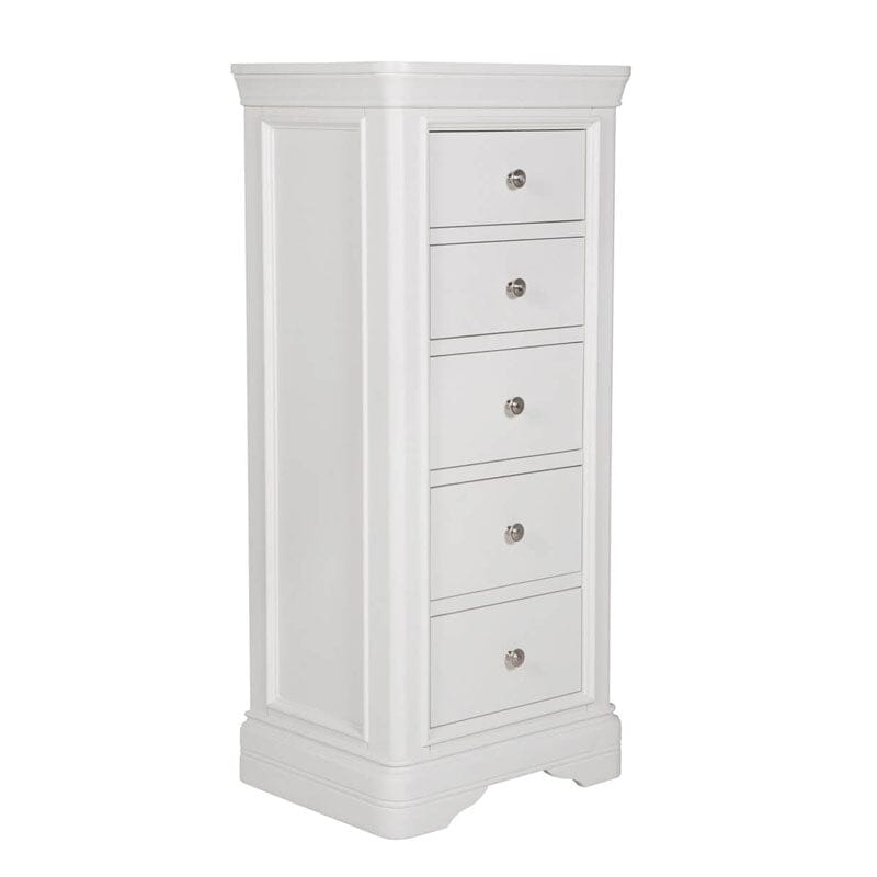 Commode haute à 5 tiroirs en bois blanc avec moulures décoratives