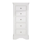 Commode haute à 5 tiroirs en bois blanc avec moulures décoratives