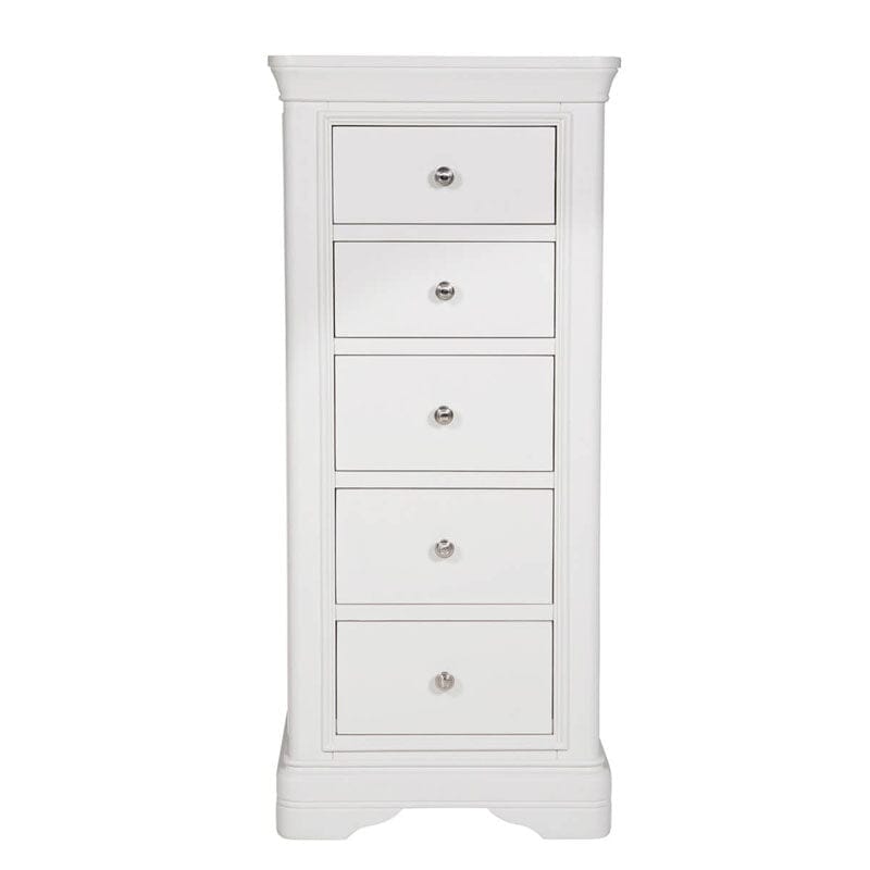 Commode haute à 5 tiroirs en bois blanc avec moulures décoratives