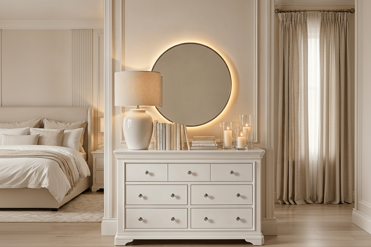 Commode à 7 tiroirs en bois blanc avec poignées argentées