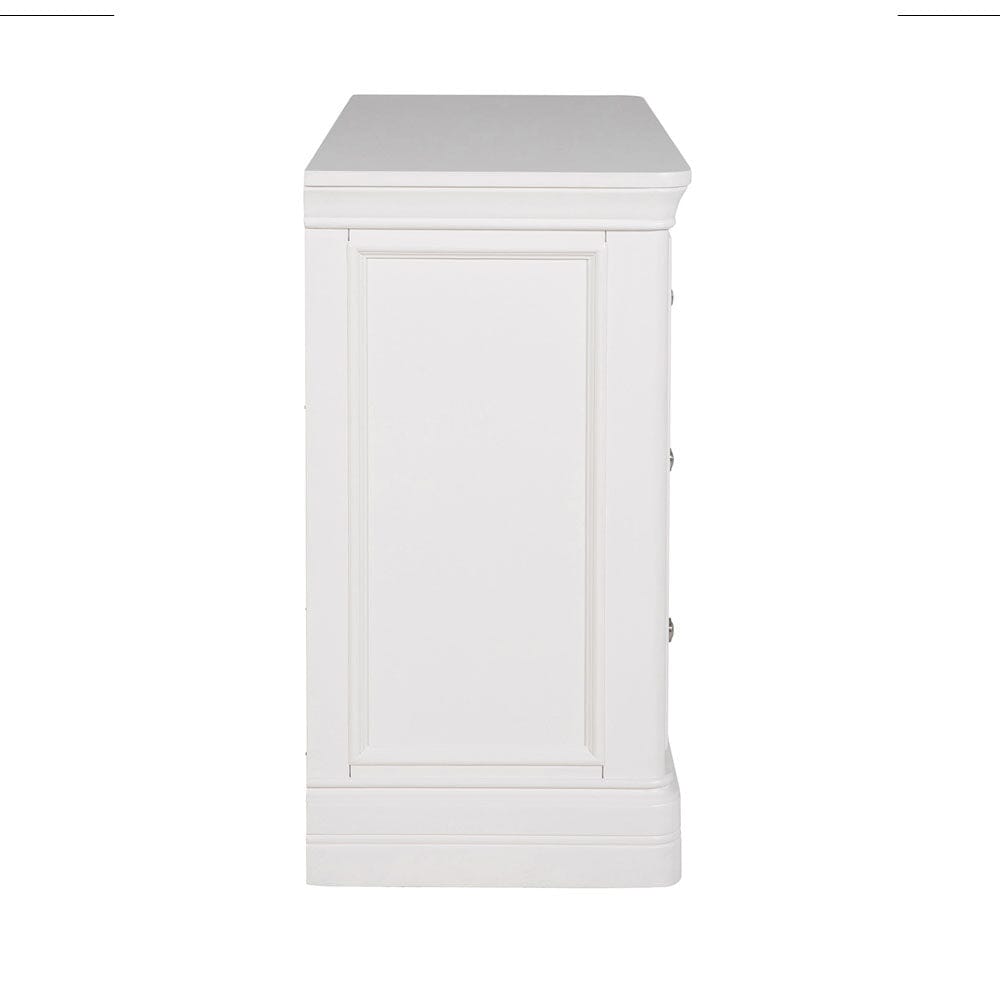 Commode à 7 tiroirs en bois blanc avec poignées argentées