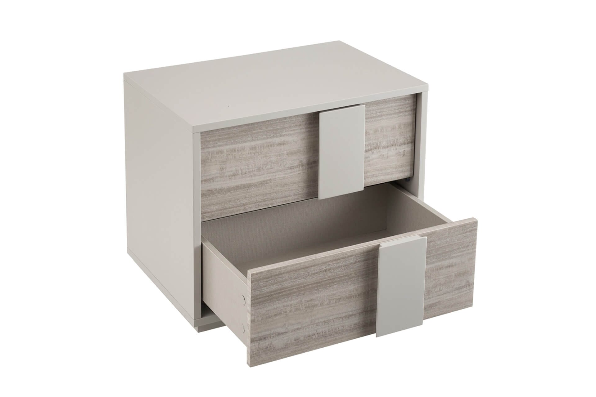 Table de chevet 2 tiroirs effet bois greige brillant avec fermeture douce