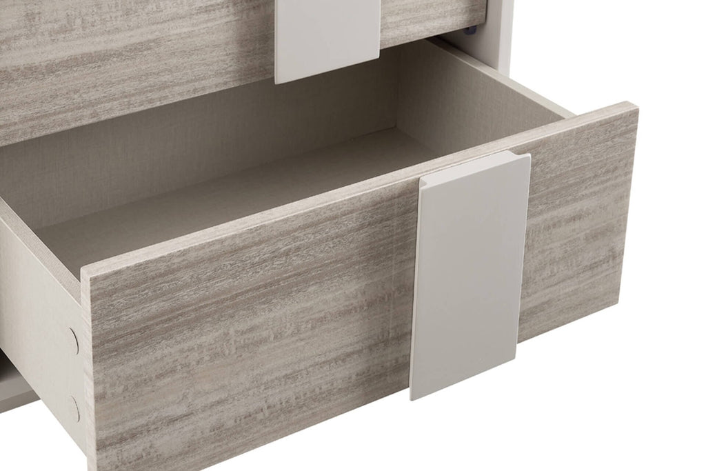 Table de chevet 2 tiroirs effet bois greige brillant avec fermeture douce