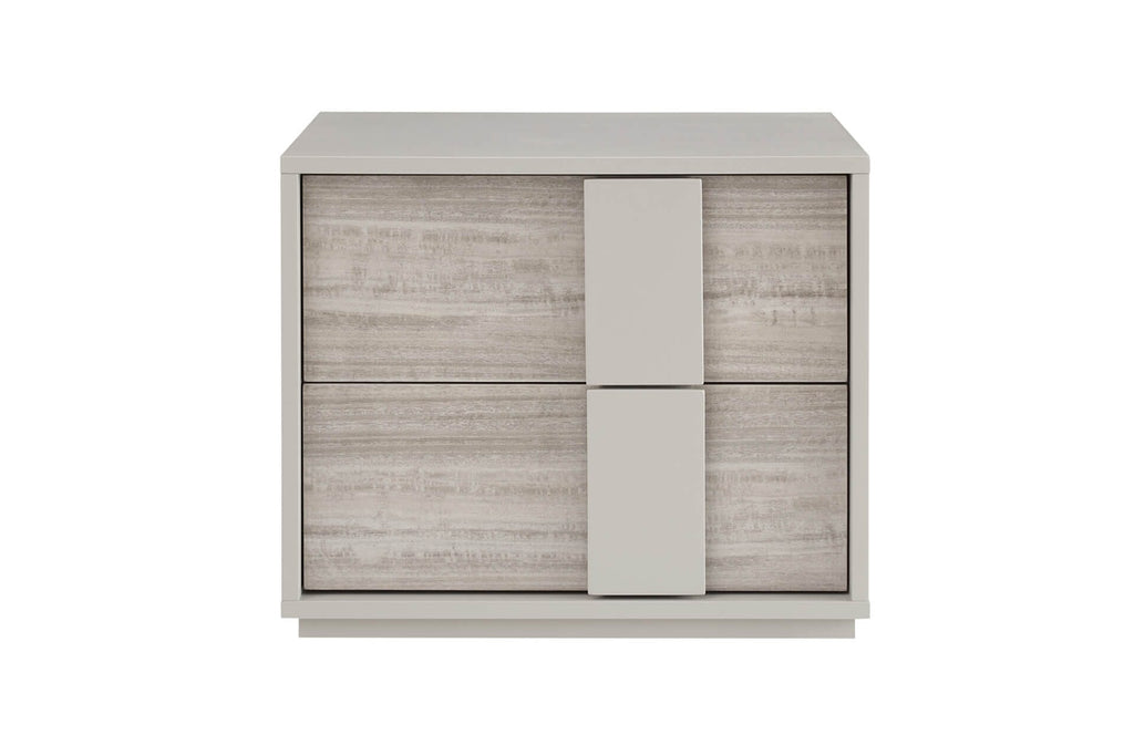 Table de chevet 2 tiroirs effet bois greige brillant avec fermeture douce