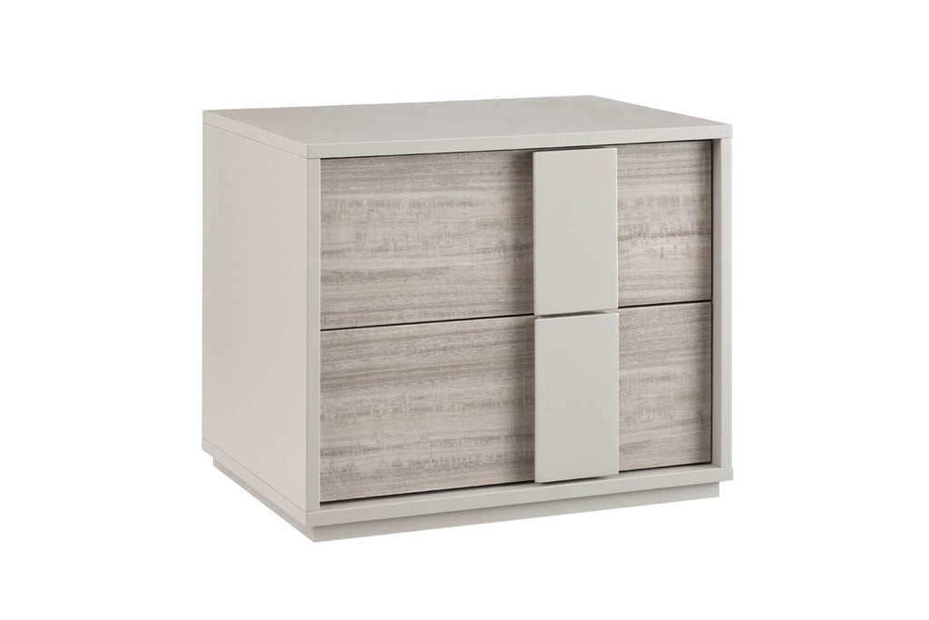 Table de chevet 2 tiroirs effet bois greige brillant avec fermeture douce