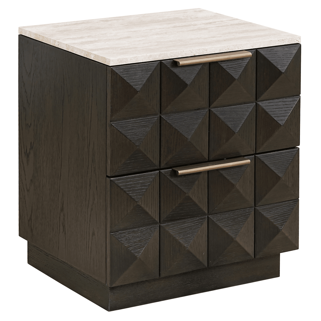 Table de chevet à 2 tiroirs en placage de chêne brun foncé avec plateau en travertin