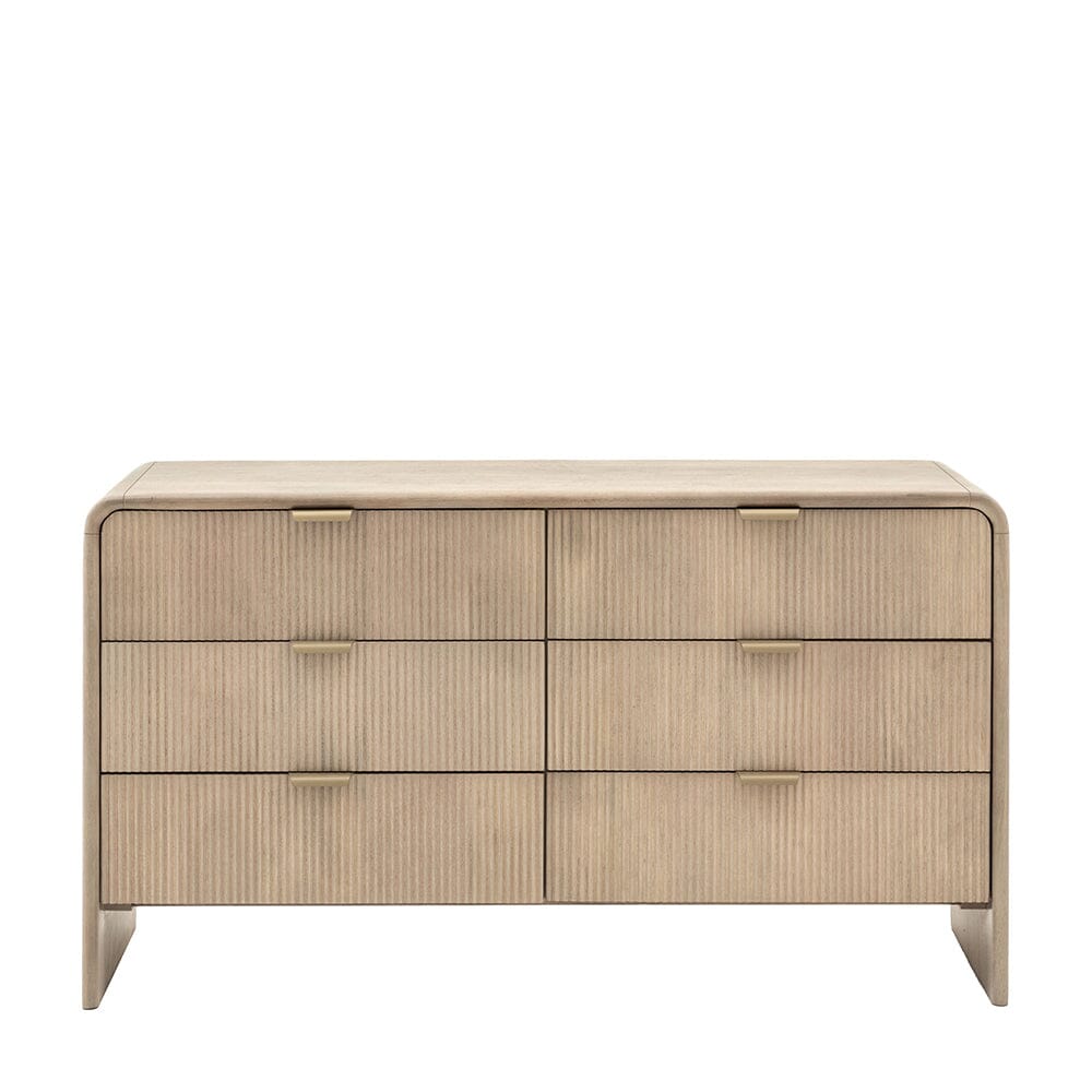 Commode 6 tiroirs en bois nervuré avec poignées dorées