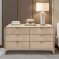 Commode 6 tiroirs en bois nervuré avec poignées dorées