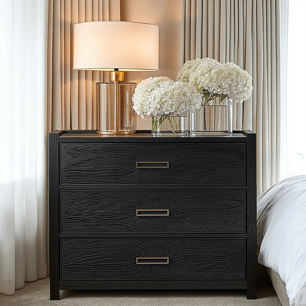 Commode 3 tiroirs en placage de chêne noir