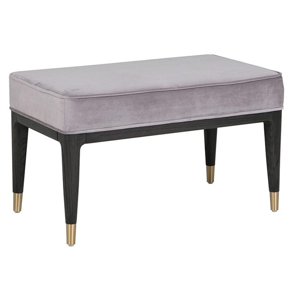 Tabouret de coiffeuse en tissu gris avec pieds noirs à embouts dorés
