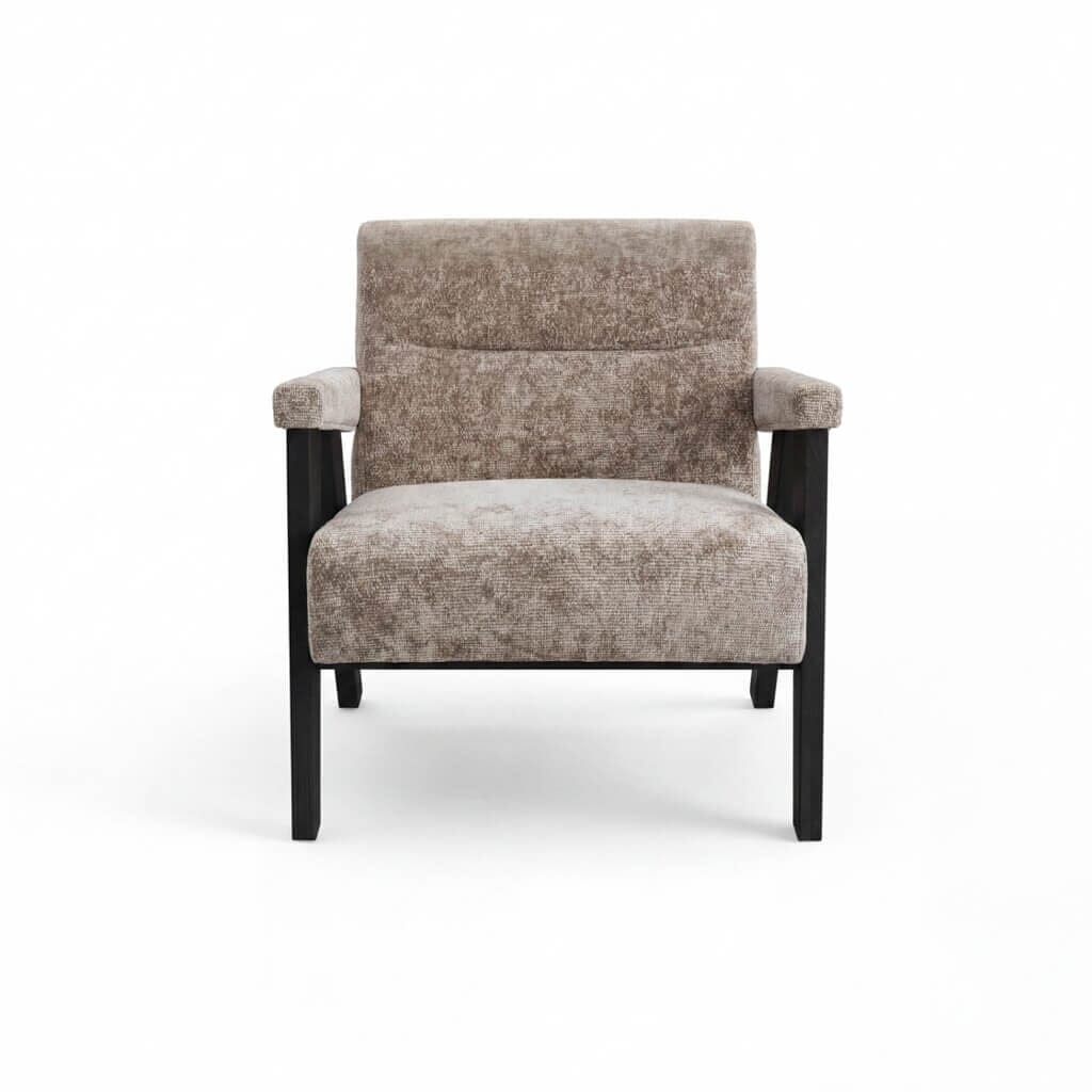 Fauteuil d'appoint texturé taupe avec pieds noirs, style milieu de siècle