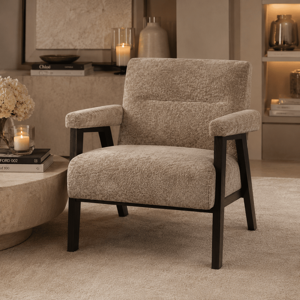 Fauteuil d'appoint texturé taupe avec pieds noirs, style milieu de siècle