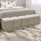 Banc rembourré en velours gris pierre avec piètement doré